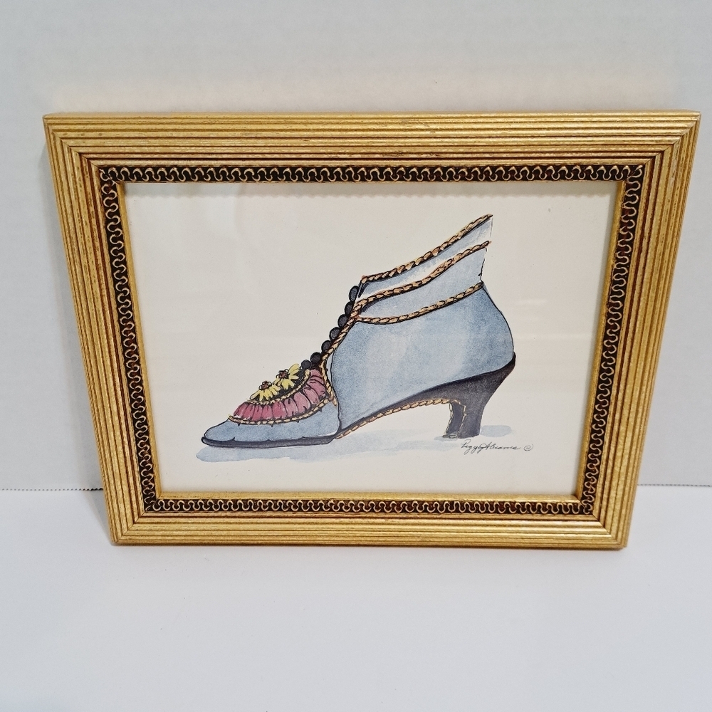 Peggy Abrams Watercolor Print Fancy Antique Shoe Gold Frame‎